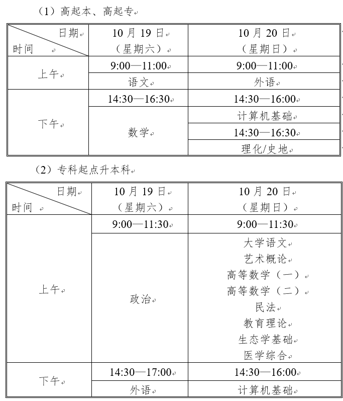 天津成考各層次考試時間安排